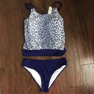 Brand New Leopard Print Navy Blue Blouson Tankini